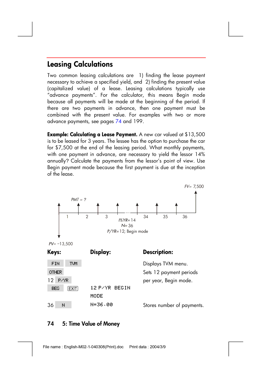 HP 17bII manual Leasing Calculations, 74 5 Time Value of Money 