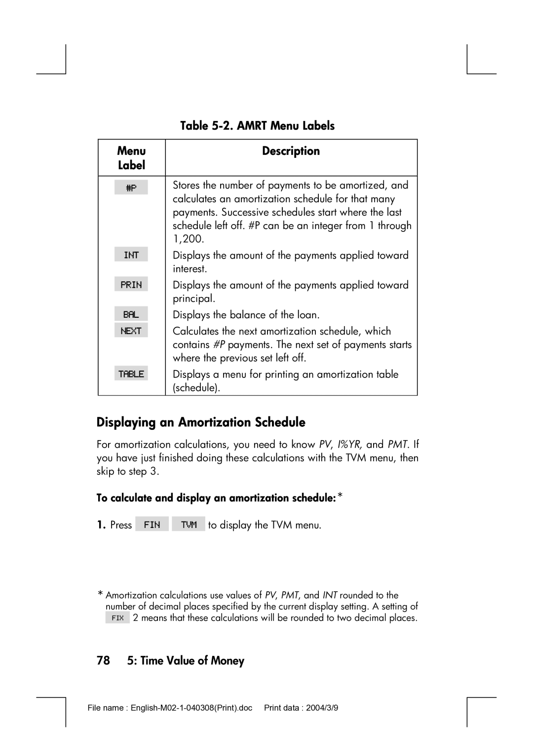 HP 17bII manual Displaying an Amortization Schedule, Amrt Menu Labels, 78 5 Time Value of Money 