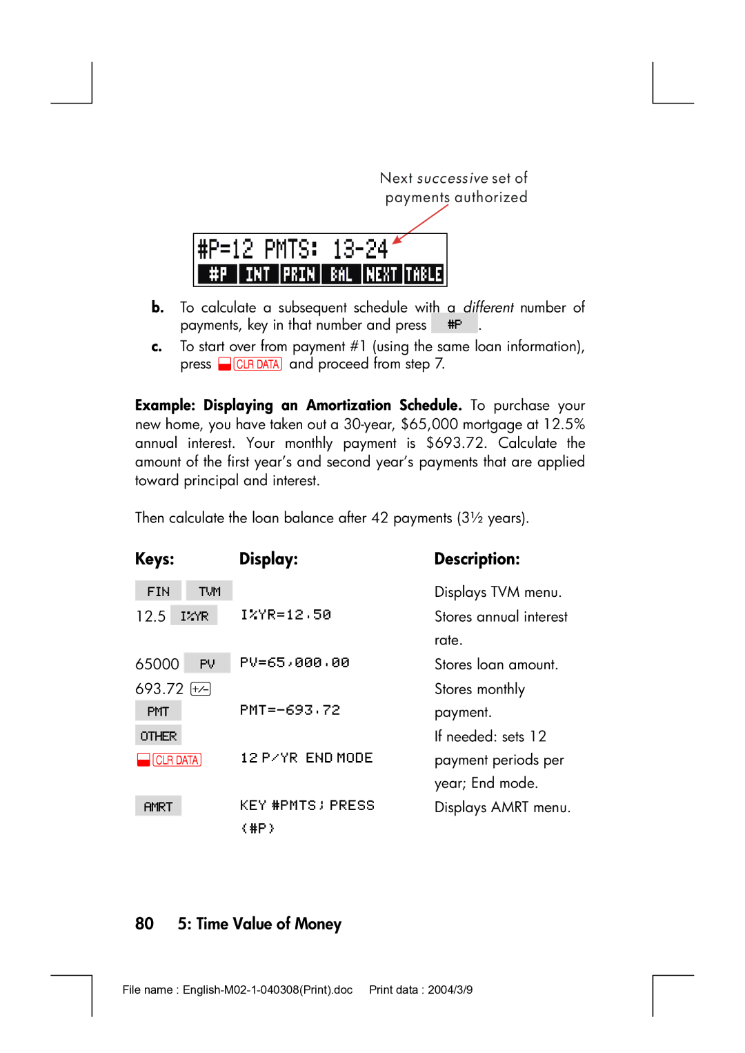 HP 17bII manual 80 5 Time Value of Money, Next successive set of payments authorized 