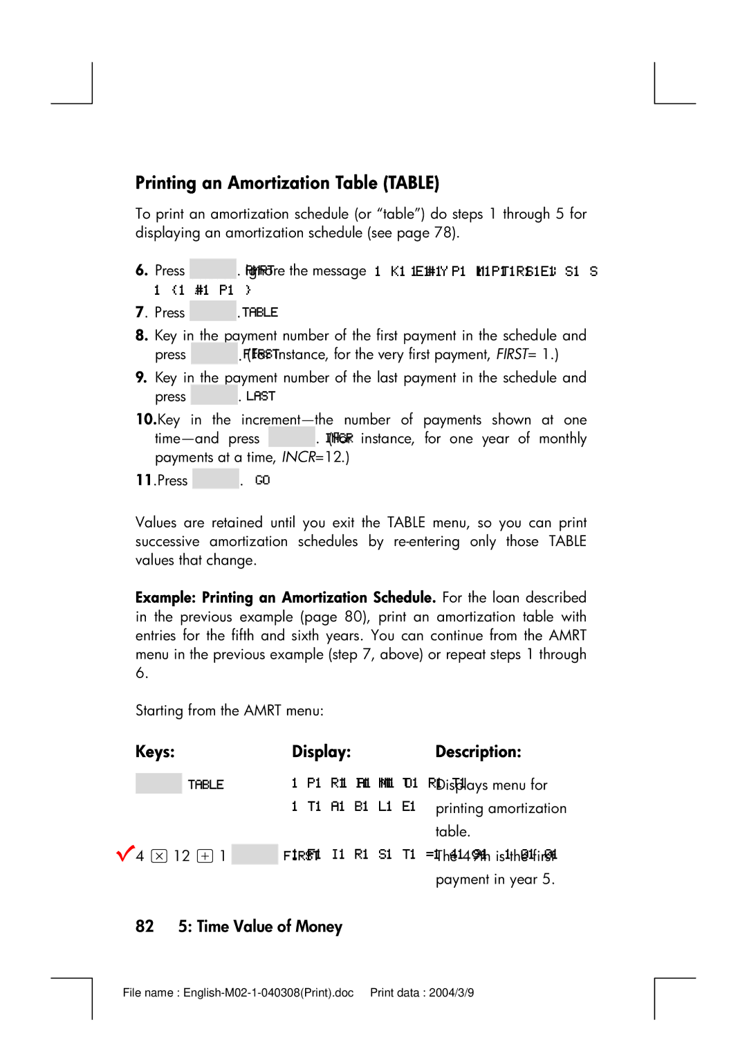 HP 17bII manual Printing an Amortization Table Table, 82 5 Time Value of Money 