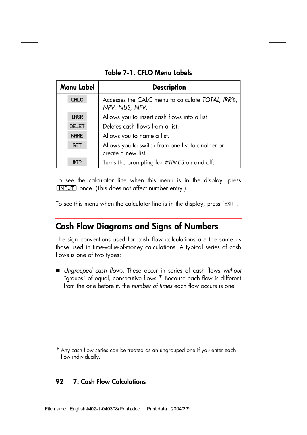 HP 17bII manual Cflo Menu Labels, 92 7 Cash Flow Calculations 