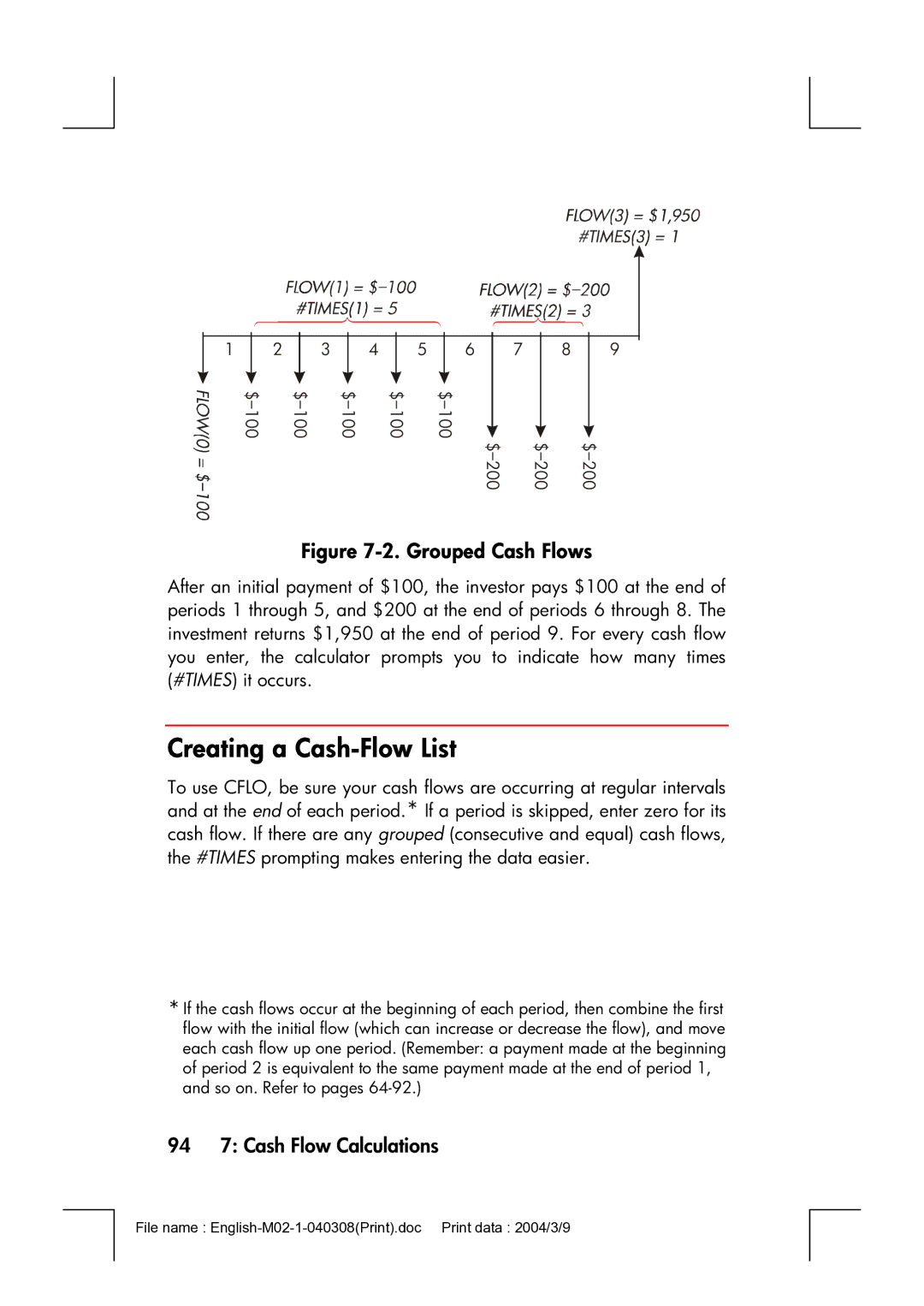 HP 17bII manual Creating a Cash-Flow List, 94 7 Cash Flow Calculations 