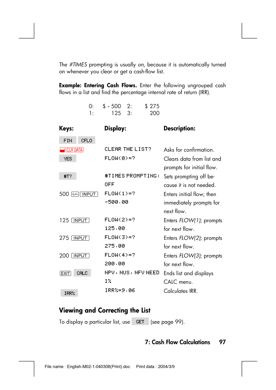 HP 17bII manual Viewing and Correcting the List, Display Description 