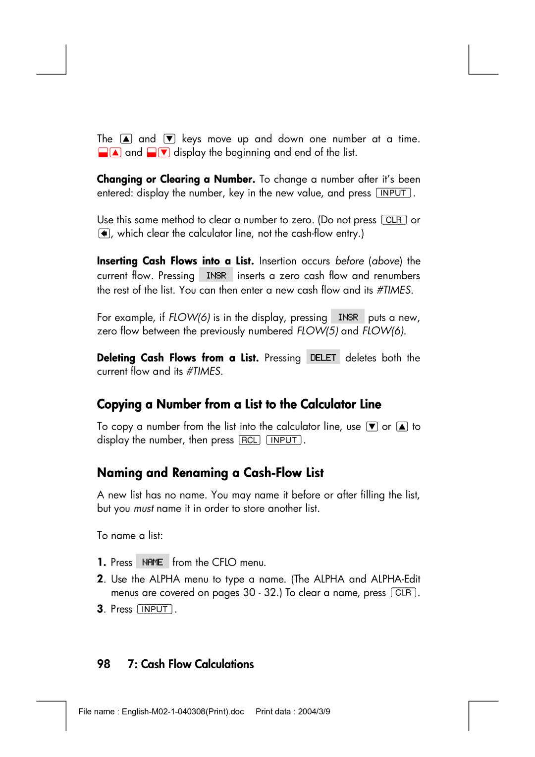 HP 17bII manual Copying a Number from a List to the Calculator Line, Naming and Renaming a Cash-Flow List 