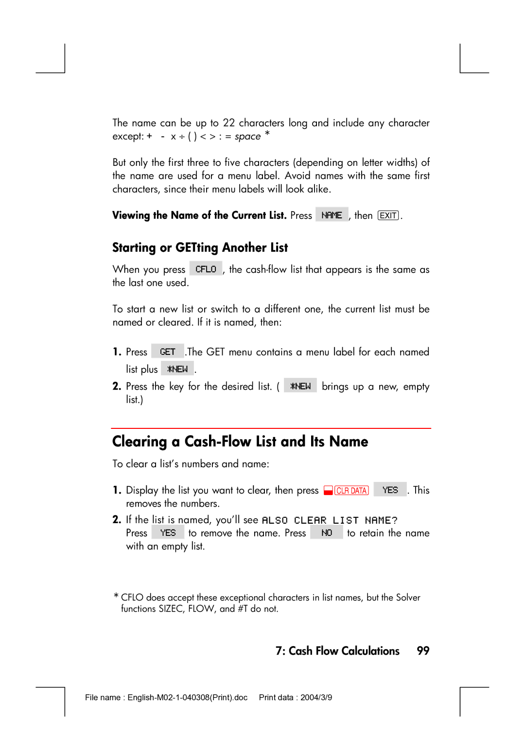 HP 17bII manual Clearing a Cash-Flow List and Its Name, Starting or GETting Another List 