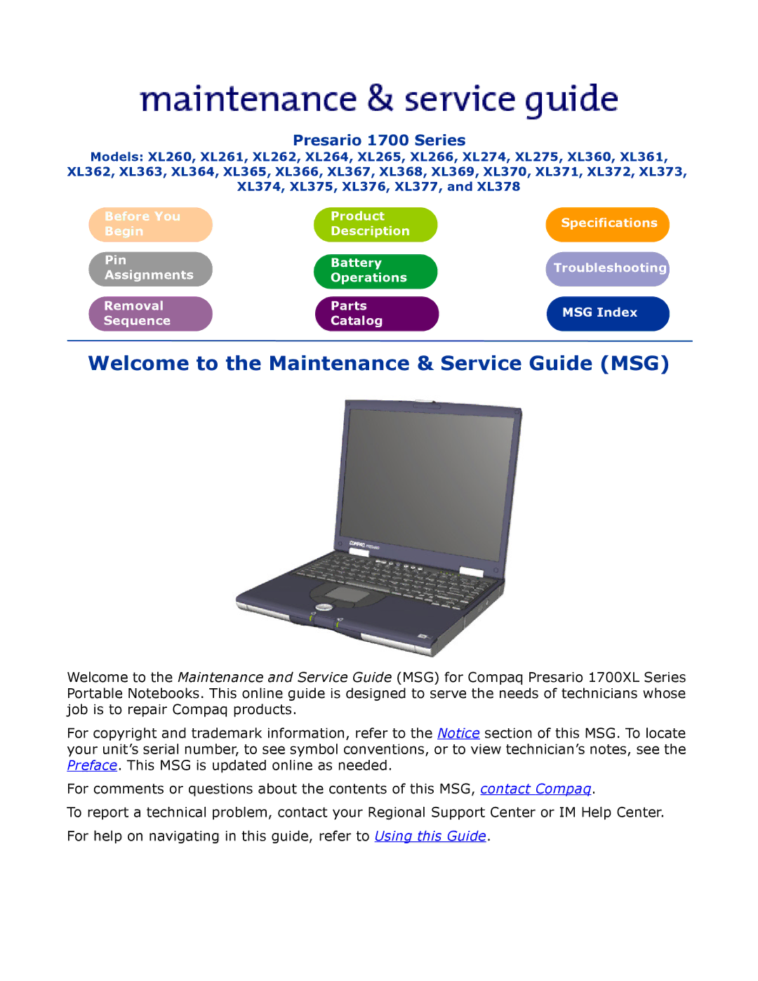 HP 17XL274, 17XL266, 17XL265, 17XL264, 17XL261 manual Welcome to the Maintenance & Service Guide MSG 