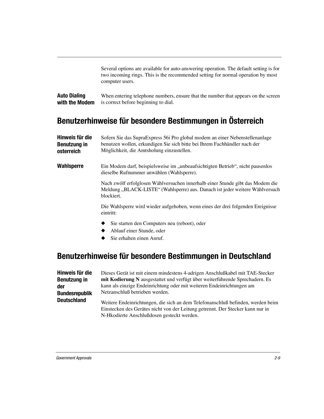 HP 17XL579 manual Benutzerhinweise für besondere Bestimmungen in Österreich, Wahlsperre 