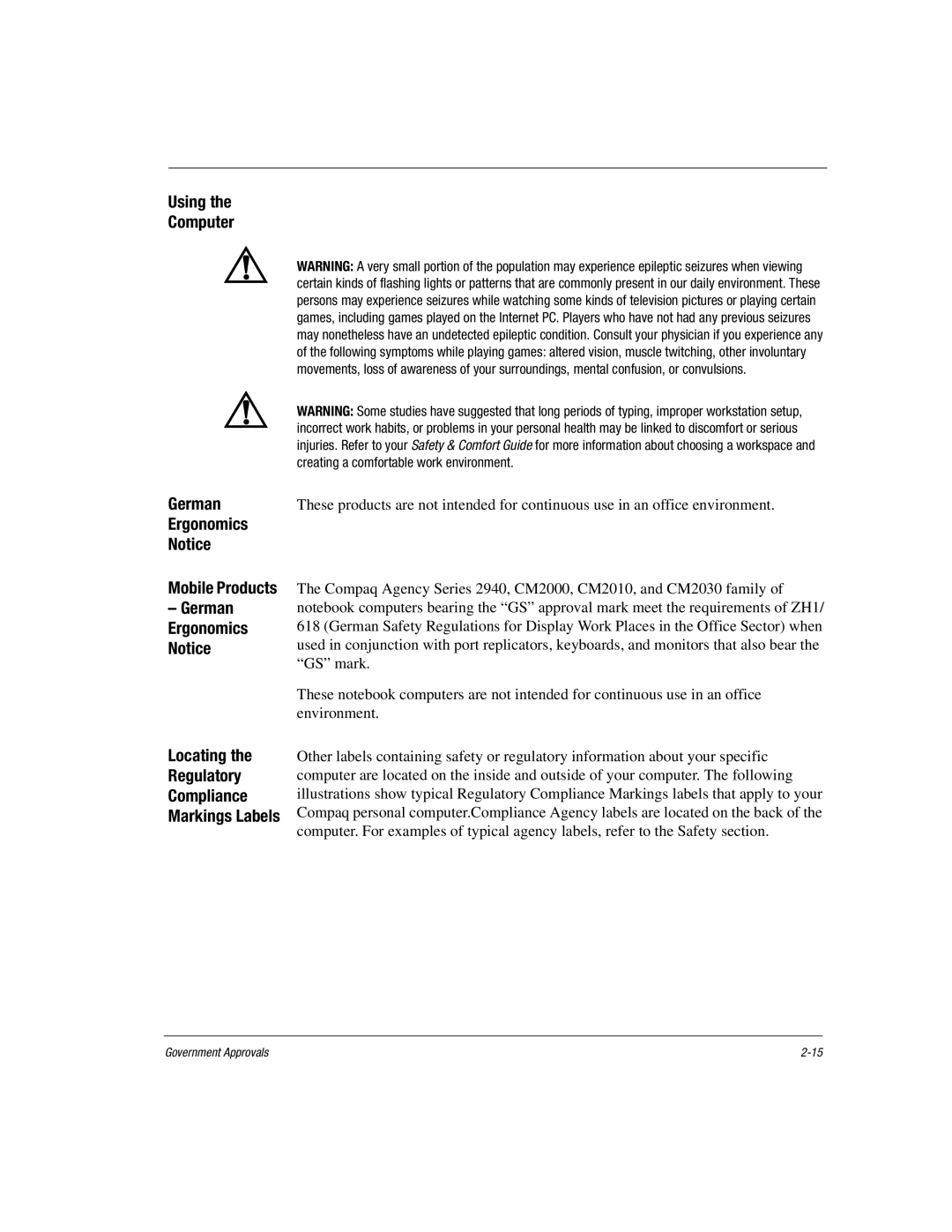 HP 17XL579 manual Using Computer German, Ergonomics, Locating Regulatory Compliance, Mobile Products, Markings Labels 