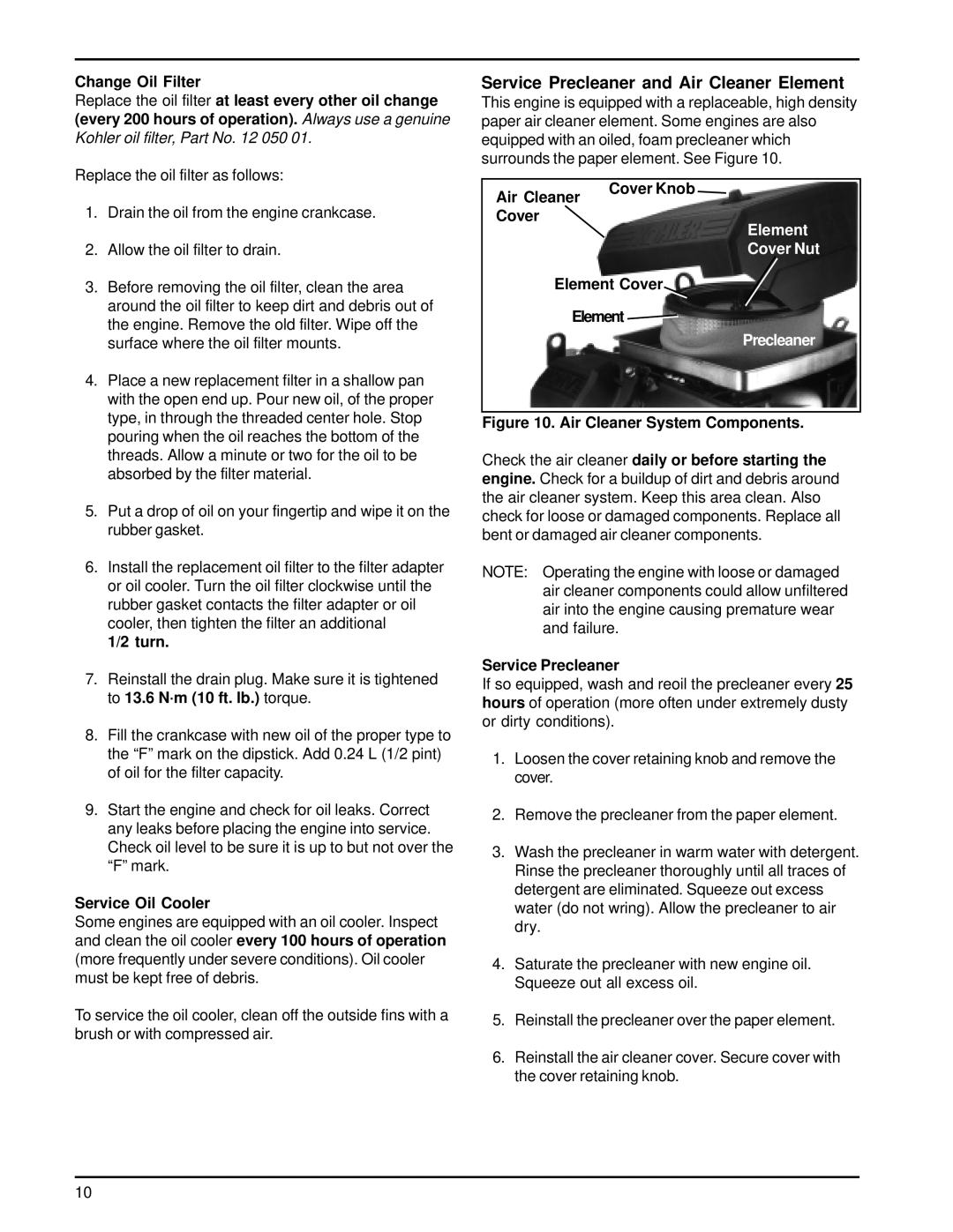 HP 18-26 manual Service Precleaner and Air Cleaner Element 