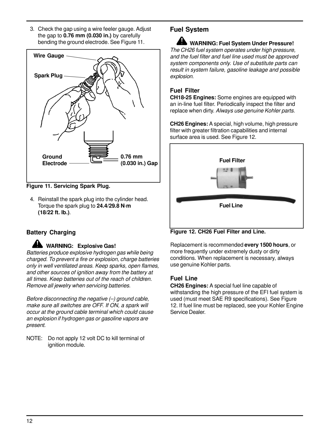 HP 18-26 manual Fuel System, Battery Charging, Fuel Filter, Fuel Line 