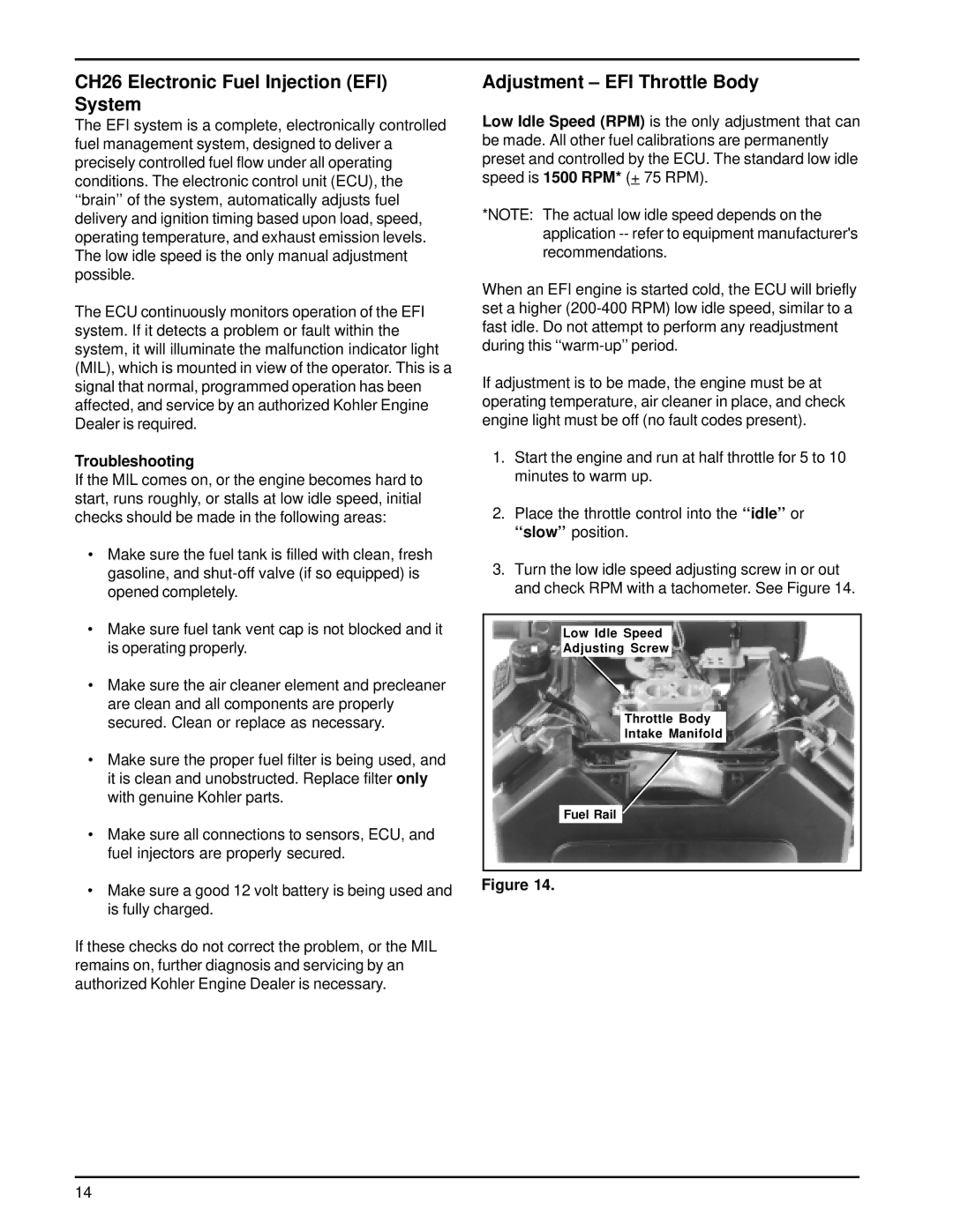 HP 18-26 manual CH26 Electronic Fuel Injection EFI System, Adjustment EFI Throttle Body, Troubleshooting 