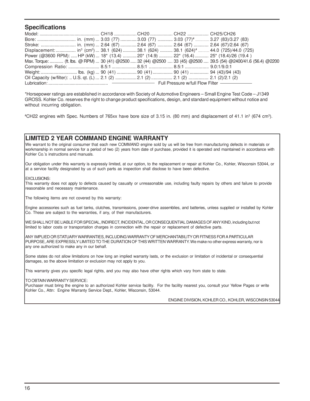 HP 18-26 manual Specifications, Limited 2 Year Command Engine Warranty 