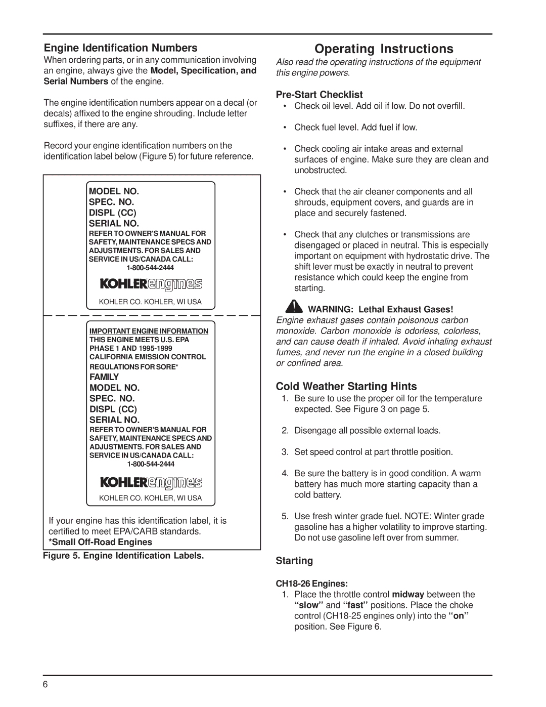 HP 18-26 manual Engine Identification Numbers, Cold Weather Starting Hints, Pre-Start Checklist 