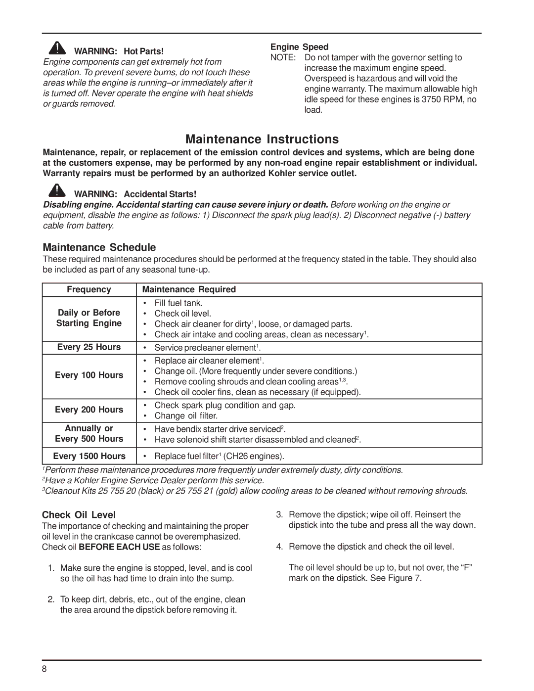 HP 18-26 manual Maintenance Schedule, Check Oil Level 