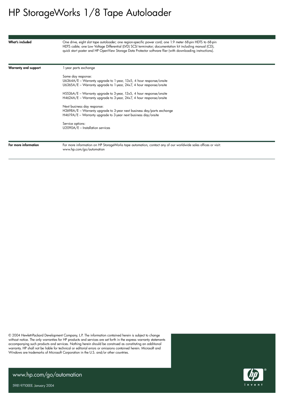 HP 1/8 Tape Autoloader manual 5981-9710EEE. January 