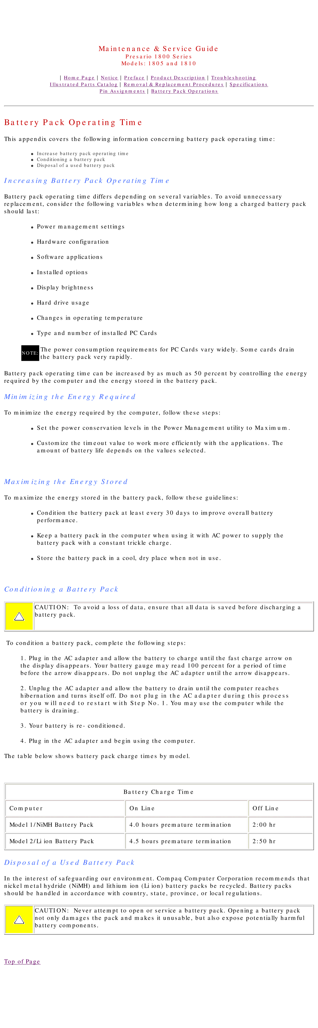 HP 1805 manual Battery Pack Operating Time 