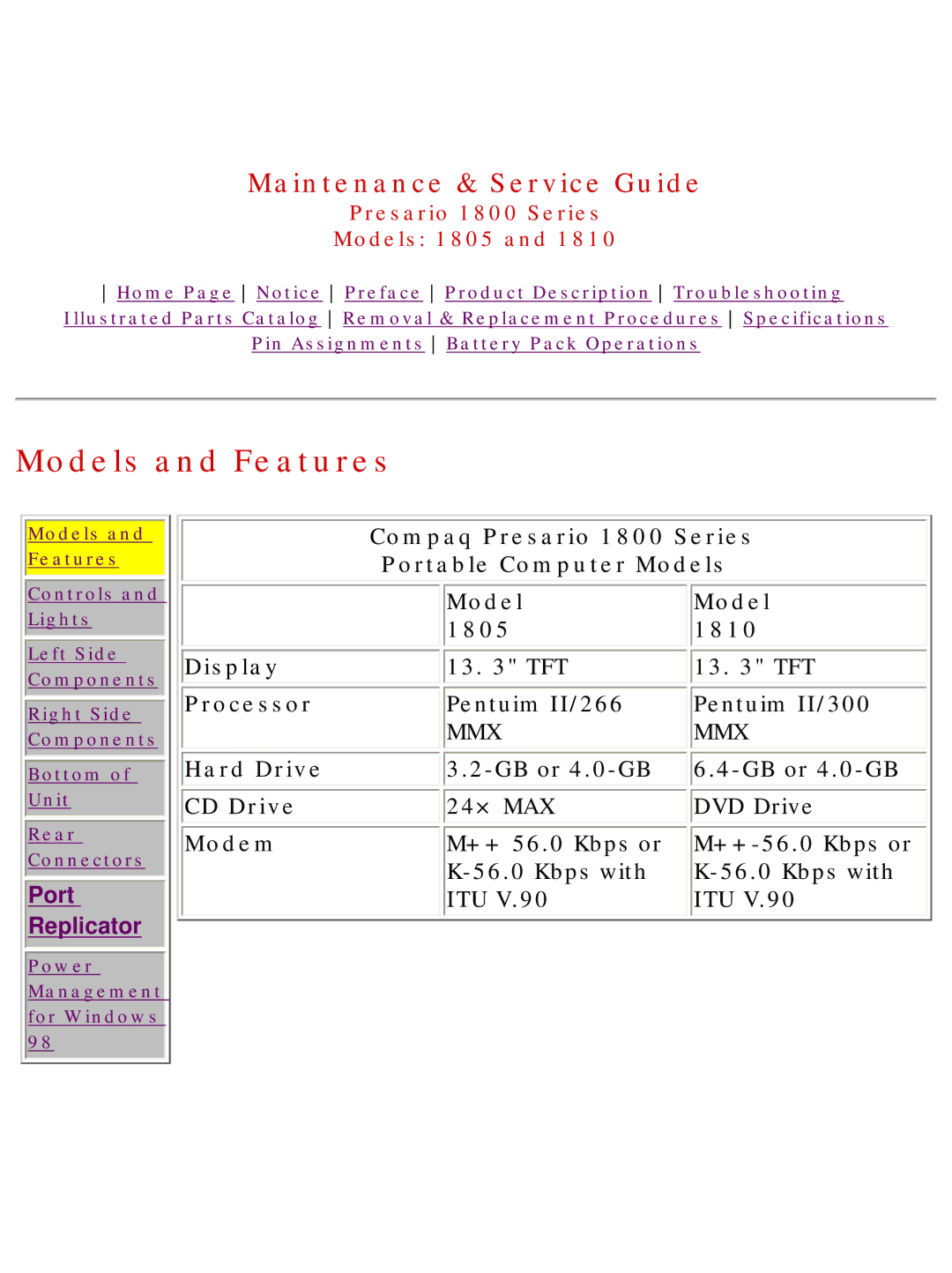 HP 1805 manual Models and Features, Compaq Presario 1800 Series Portable Computer Models 