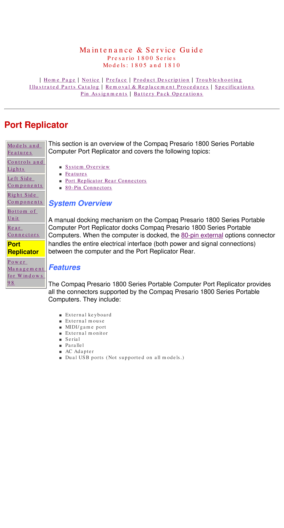 HP 1805 manual Port Replicator 