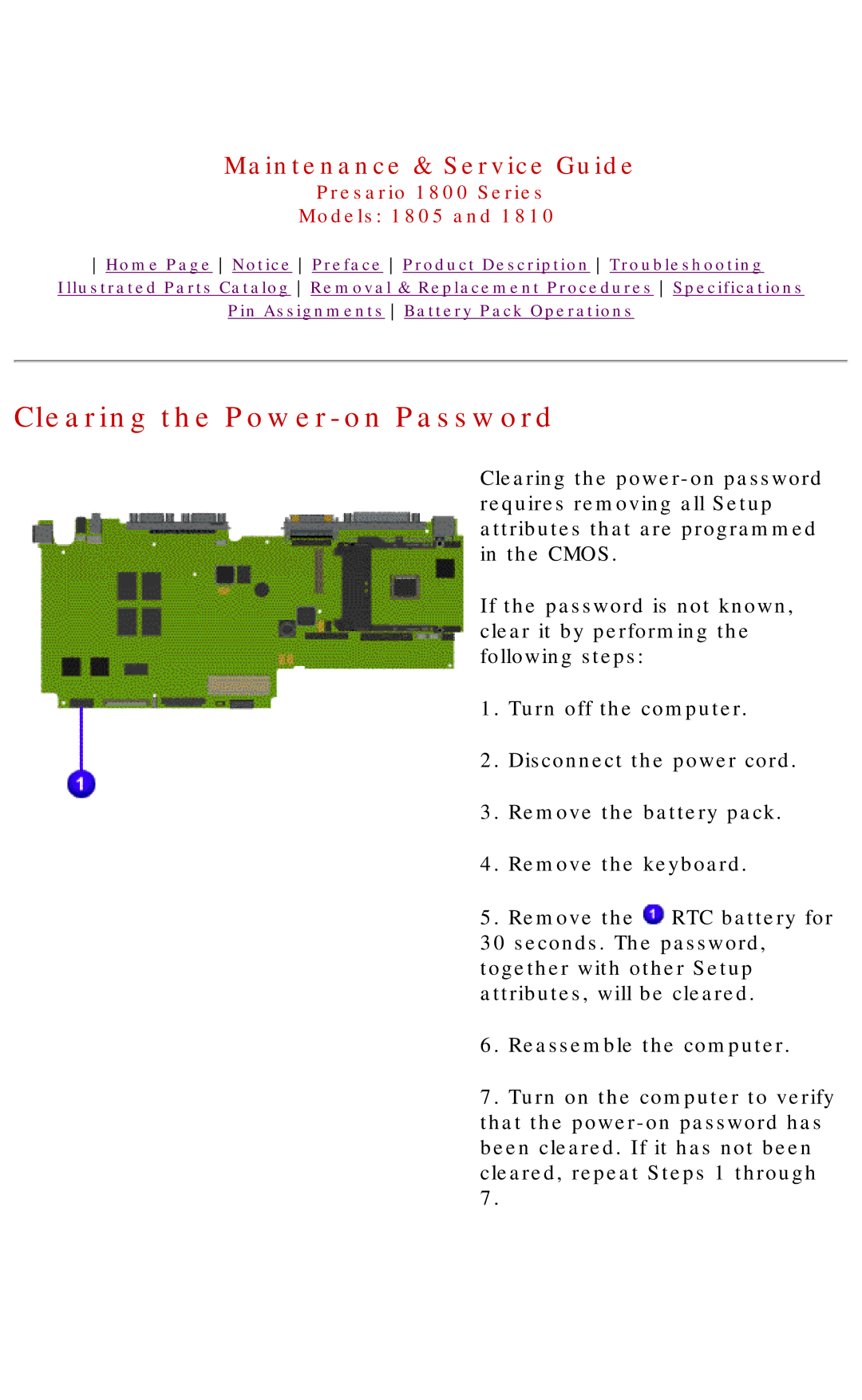 HP 1805 manual Clearing the Power-on Password 