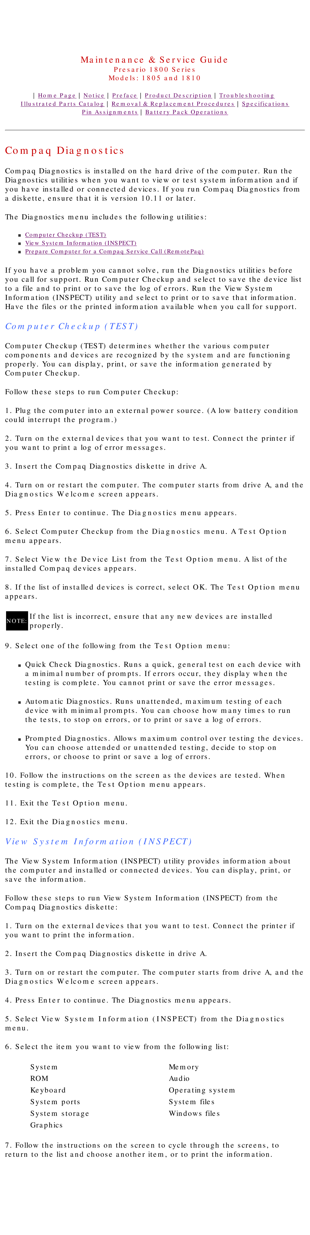 HP 1805 manual Compaq Diagnostics, Computer Checkup Test, View System Information Inspect 