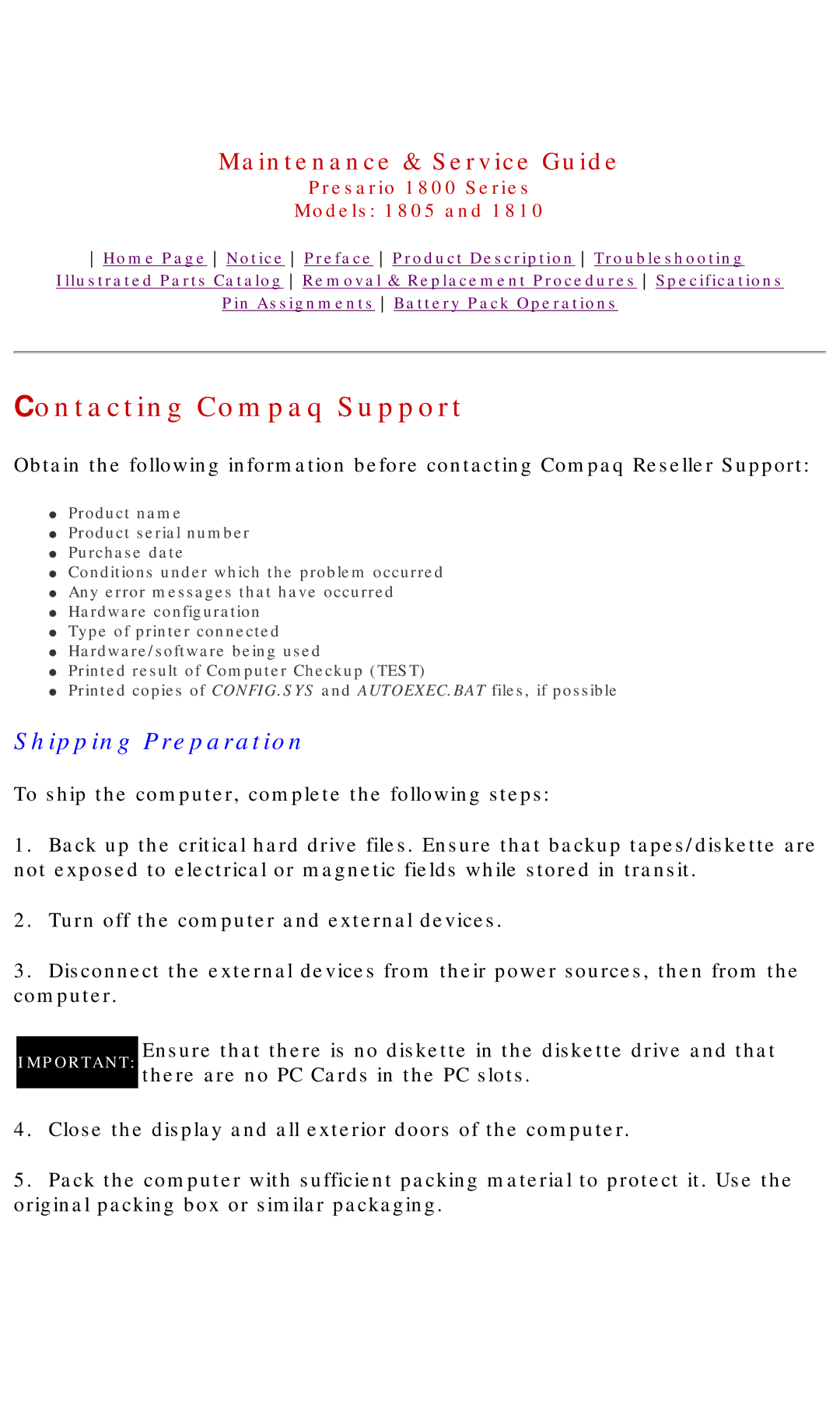 HP 1805 manual Contacting Compaq Support, Shipping Preparation 