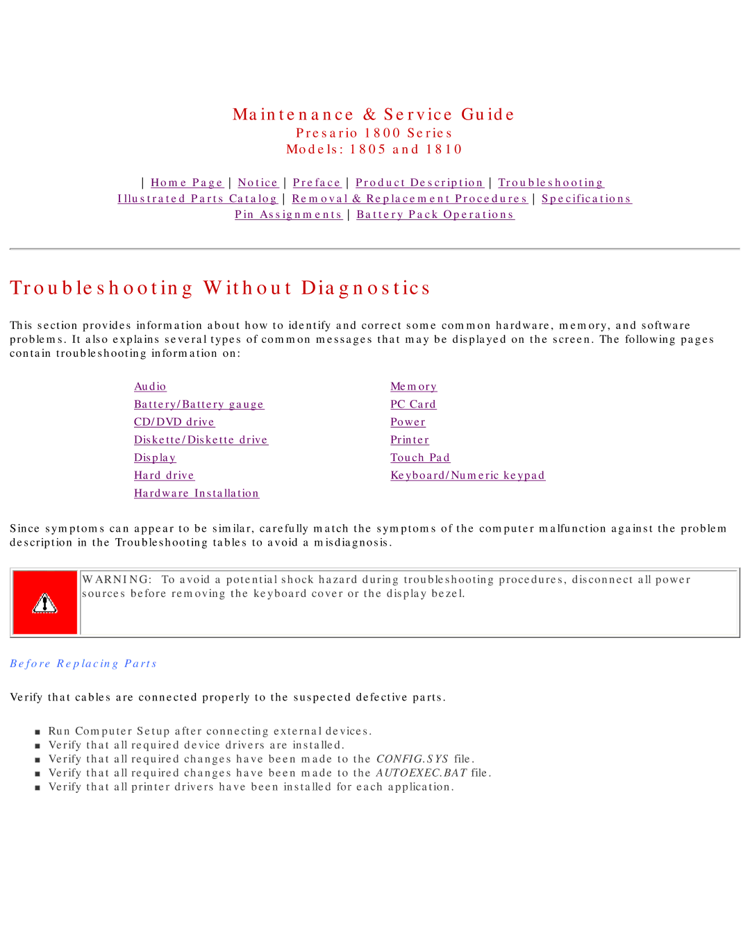 HP 1805 manual Troubleshooting Without Diagnostics, Before Replacing Parts 