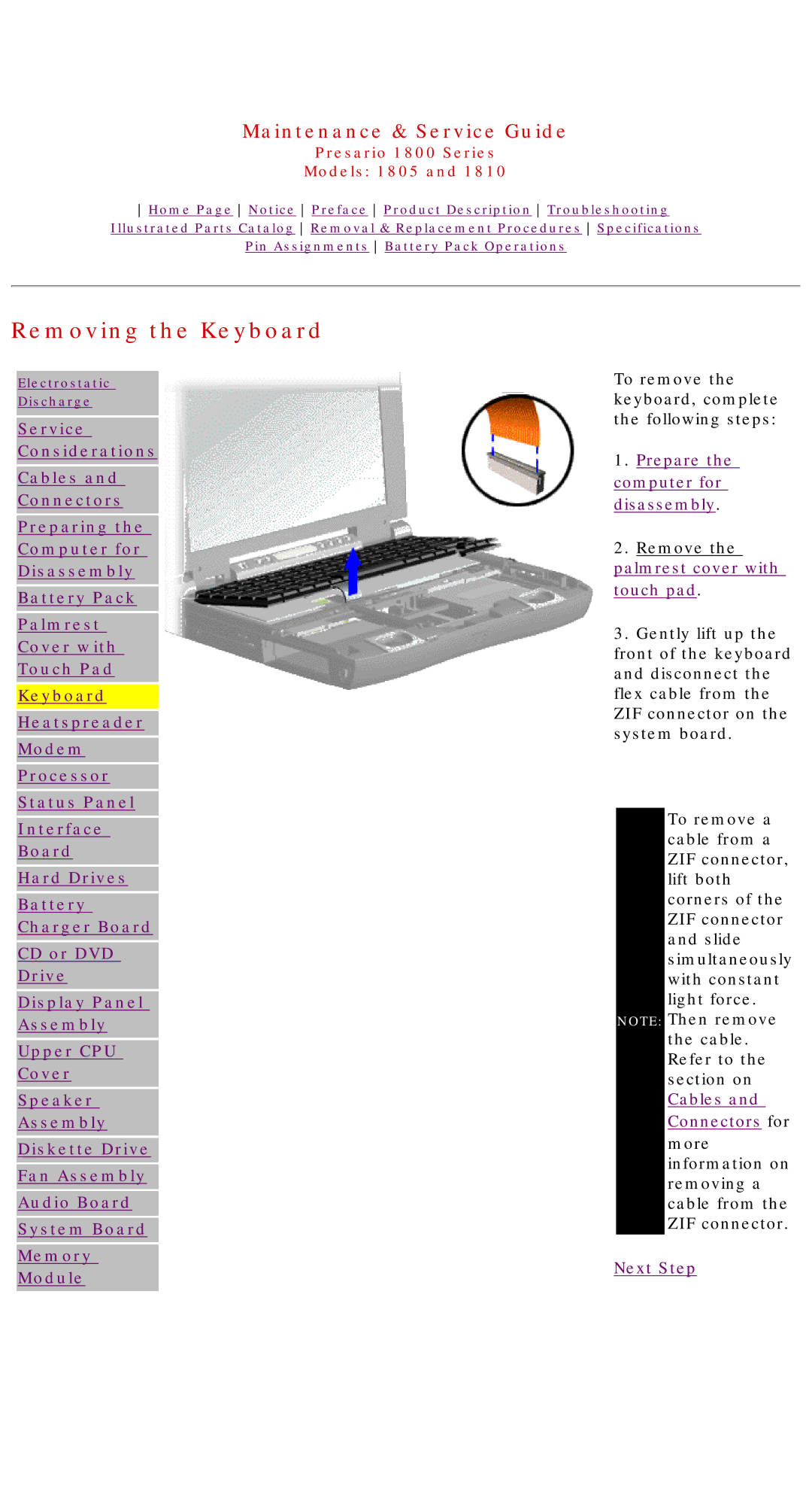 HP 1805 manual Removing the Keyboard, Prepare the computer for disassembly 