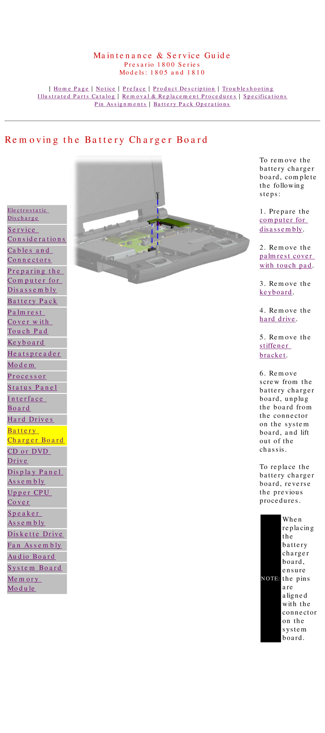 HP 1805 manual Removing the Battery Charger Board 