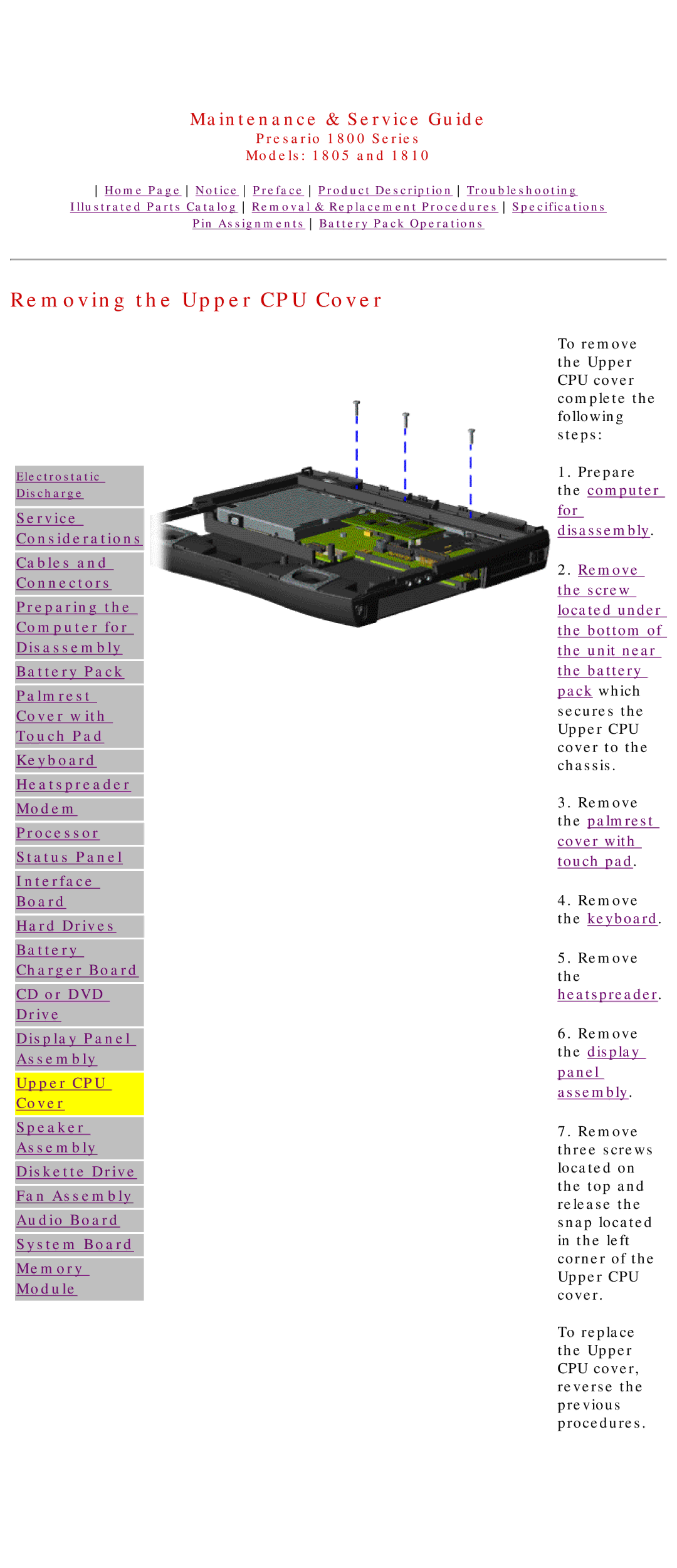 HP 1805 manual Removing the Upper CPU Cover 