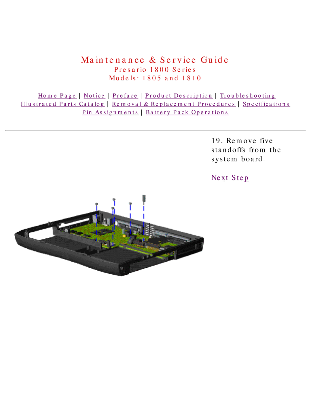 HP 1805 manual Remove five standoffs from the system board 