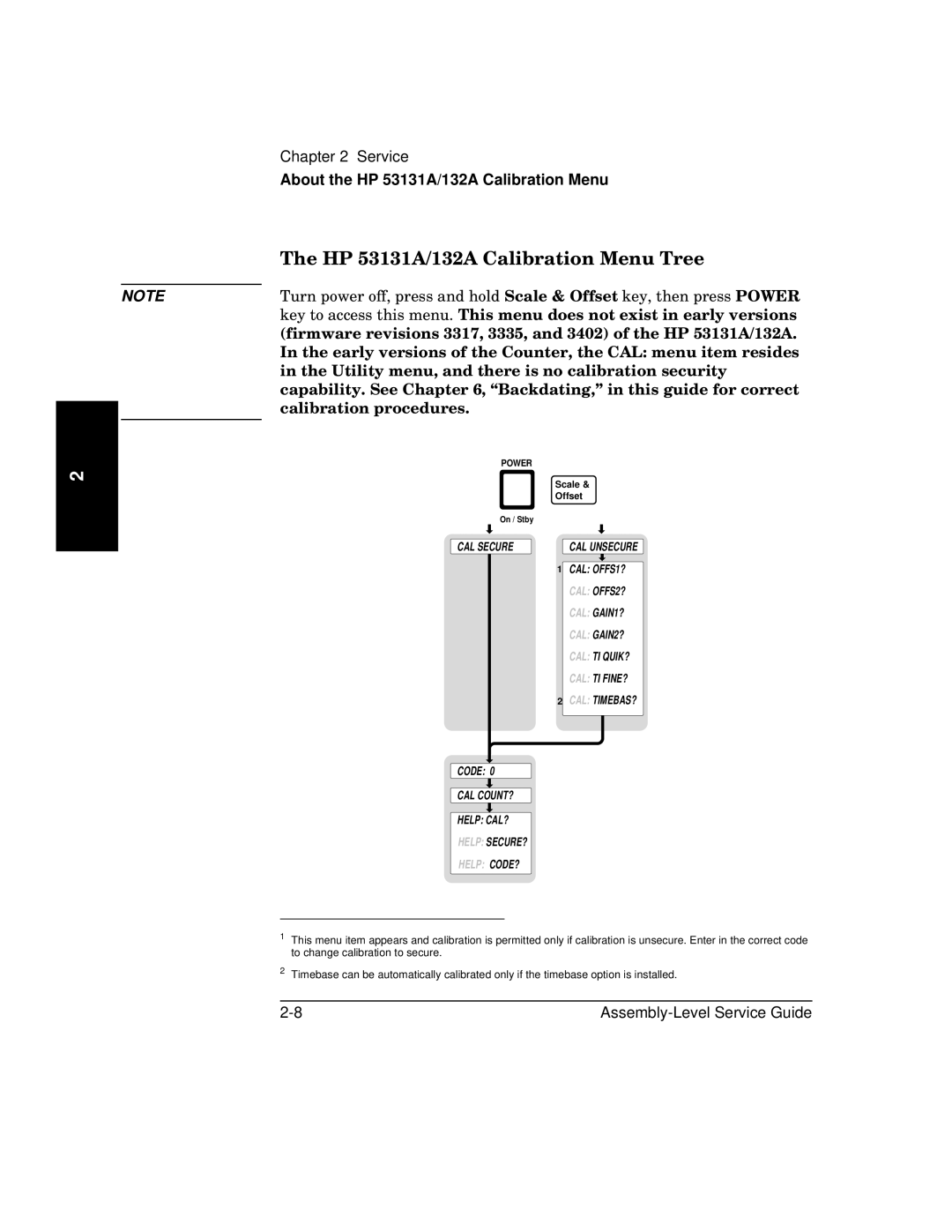 HP 181A manual HP 53131A/132A Calibration Menu Tree, Calibration procedures 