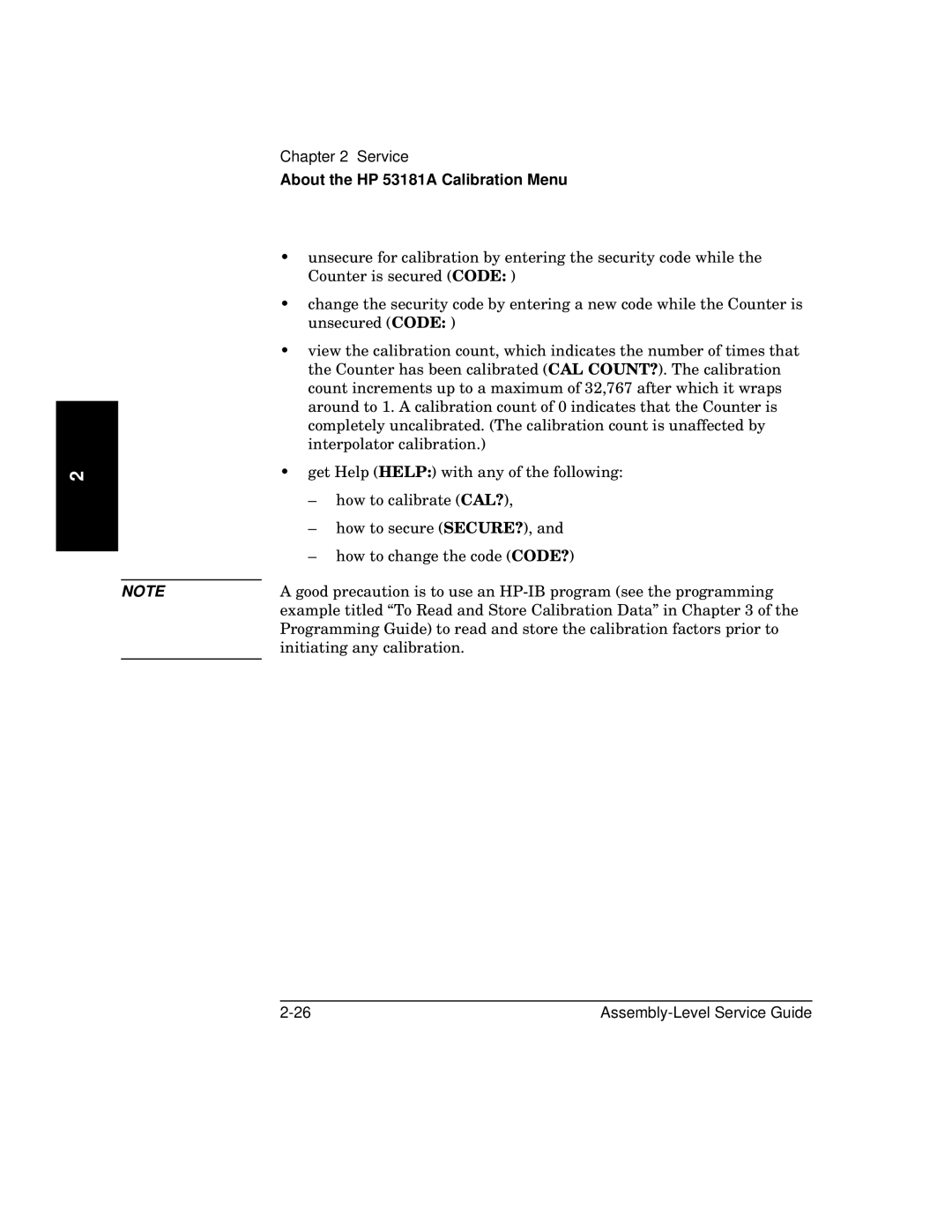 HP manual About the HP 53181A Calibration Menu 