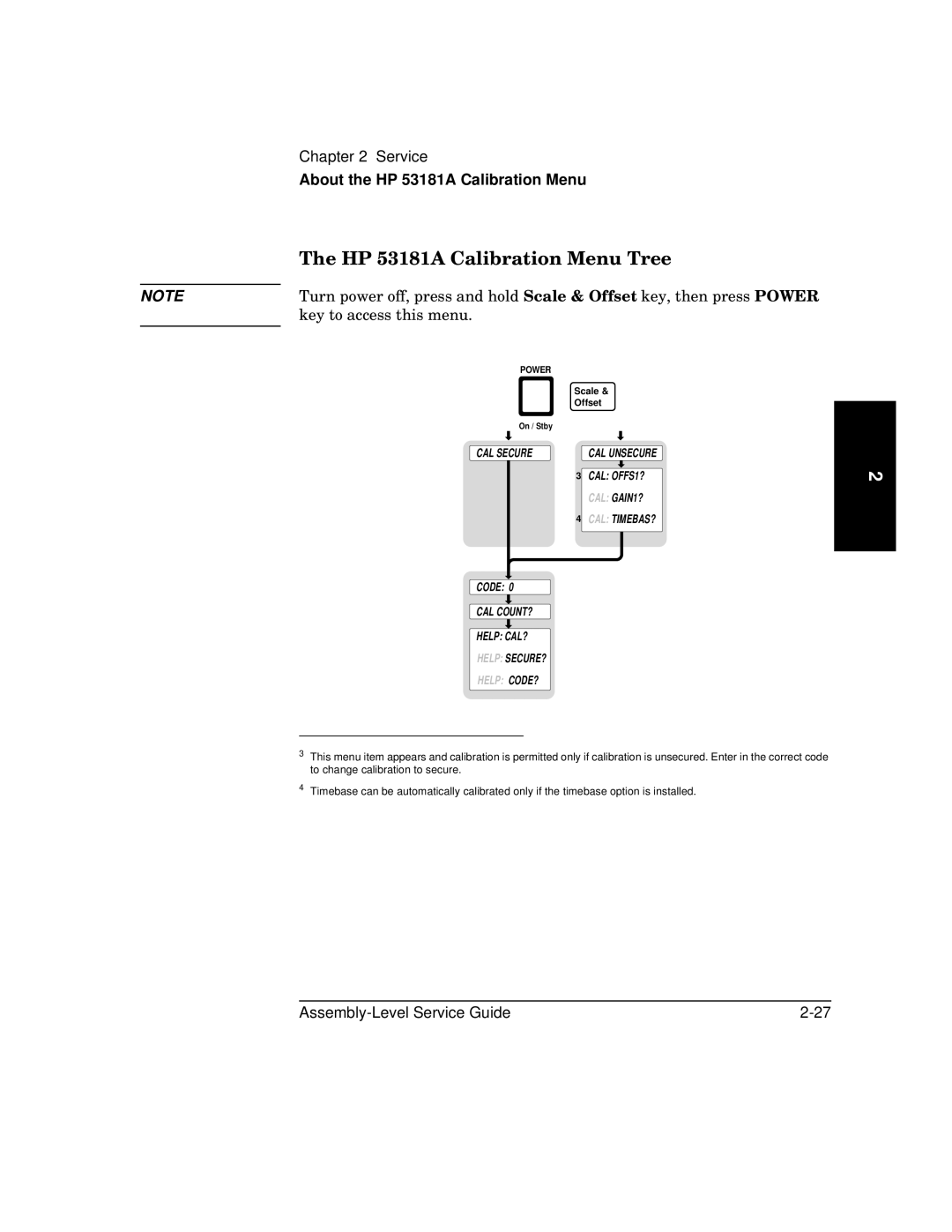 HP manual HP 53181A Calibration Menu Tree, Key to access this menu 