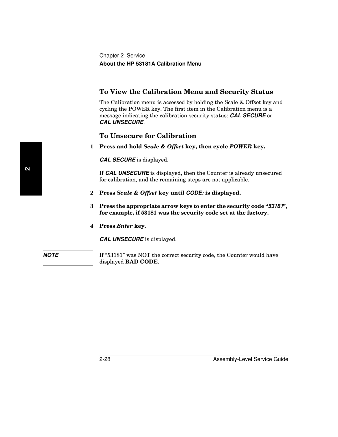 HP 181A manual To View the Calibration Menu and Security Status 