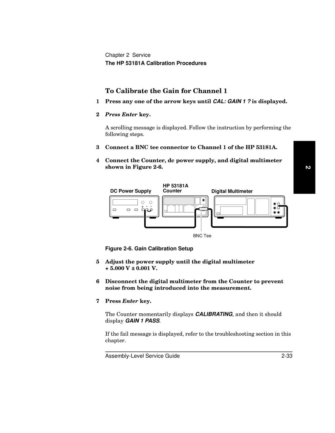 HP manual To Calibrate the Gain for Channel, HP 53181A DC Power Supply Counter Digital Multimeter 