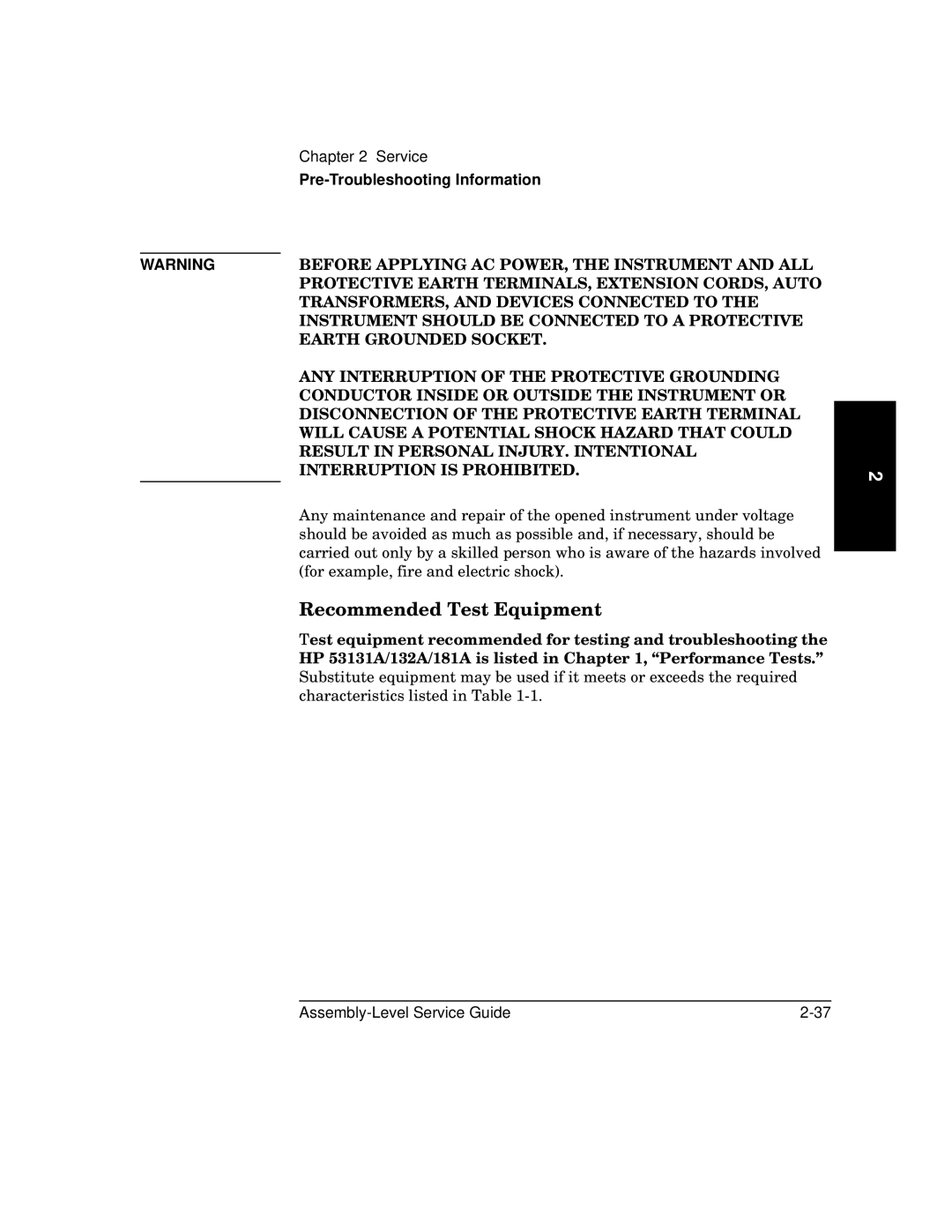 HP 181A manual Recommended Test Equipment, Interruption is Prohibited 