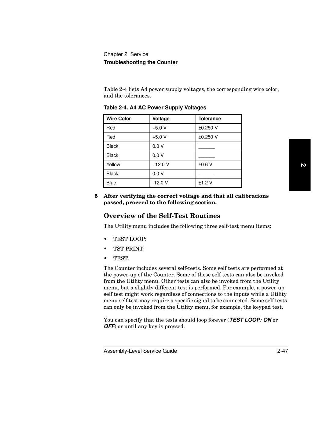 HP 181A manual Overview of the Self-Test Routines, A4 AC Power Supply Voltages, Wire Color Voltage Tolerance 