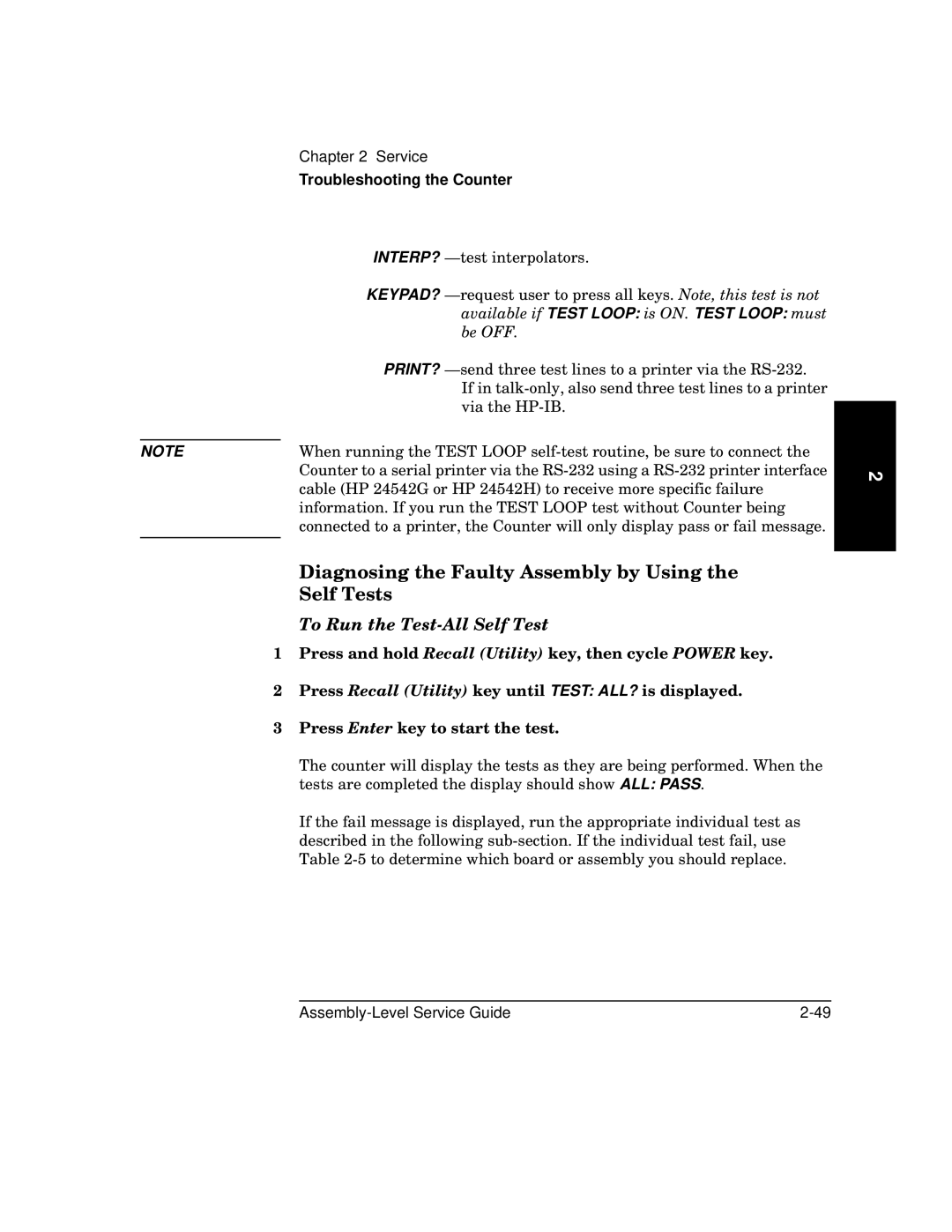 HP 181A manual Diagnosing the Faulty Assembly by Using, Self Tests, To Run the Test-All Self Test 