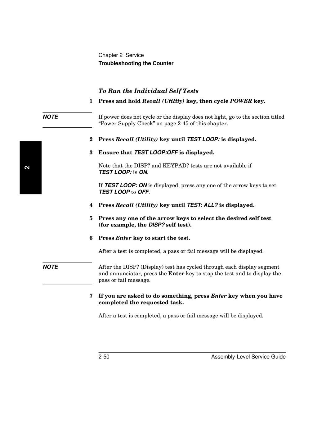 HP 181A manual To Run the Individual Self Tests, Test Loop to OFF 