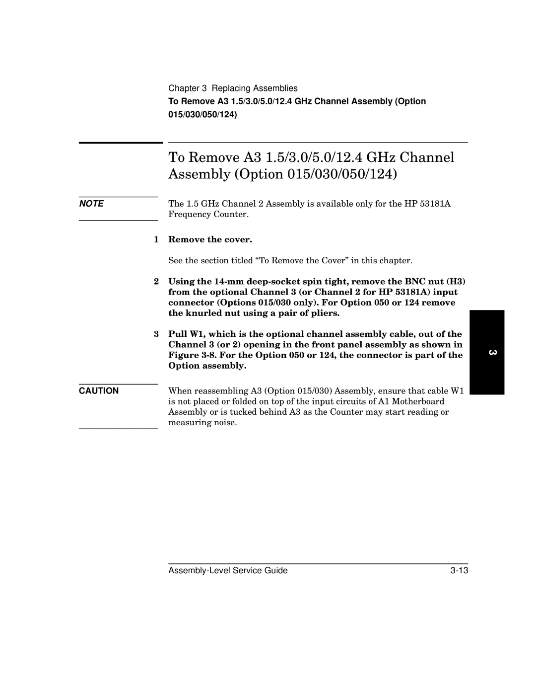 HP 181A manual Replacing Assemblies, To Remove A3 1.5/3.0/5.0/12.4 GHz Channel Assembly Option, 015/030/050/124 