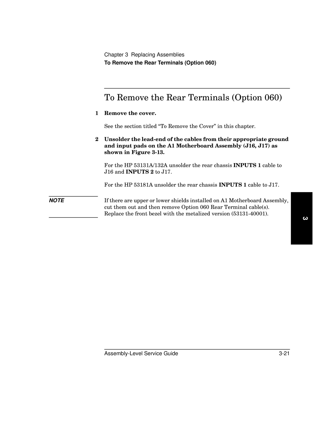 HP 181A manual To Remove the Rear Terminals Option 