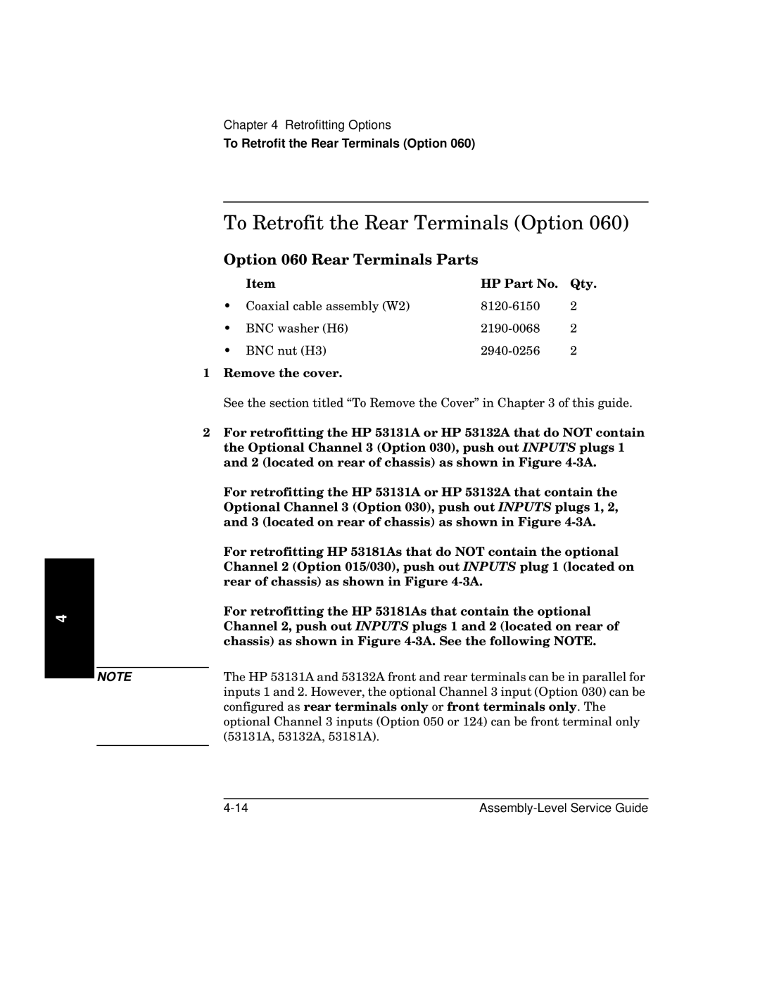 HP 181A manual To Retrofit the Rear Terminals Option, Option 060 Rear Terminals Parts 