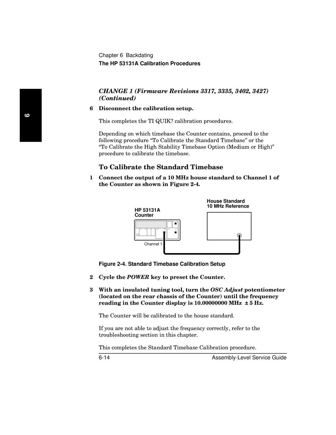 HP 181A manual Standard Timebase Calibration Setup, House Standard MHz Reference HP 53131A Counter 