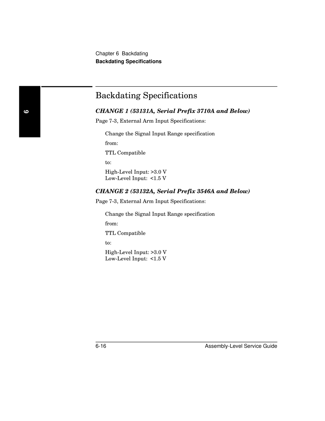 HP 181A manual Backdating Specifications, Change 1 53131A, Serial Prefix 3710A and Below 