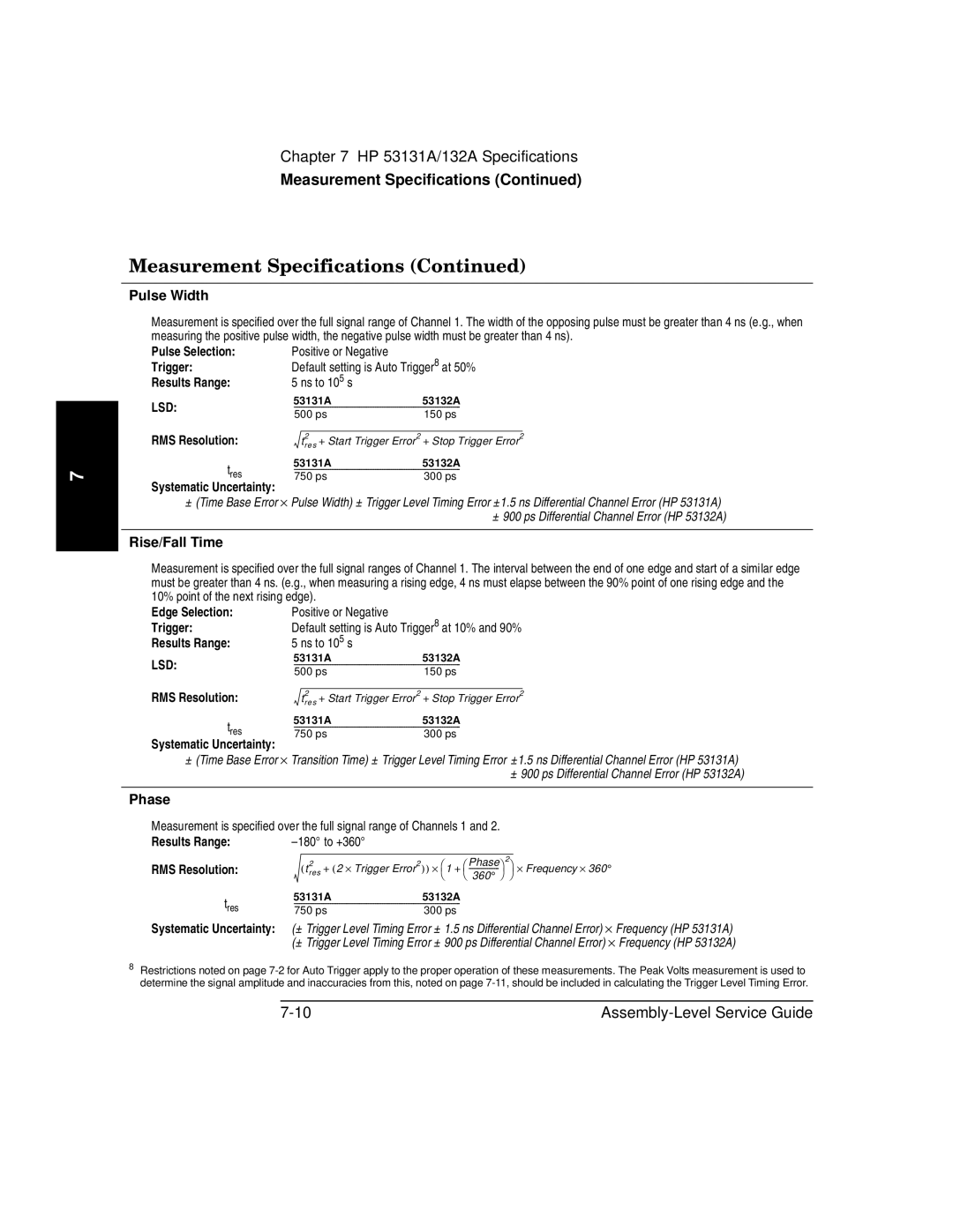 HP 181A manual Pulse Width, Rise/Fall Time, Phase 