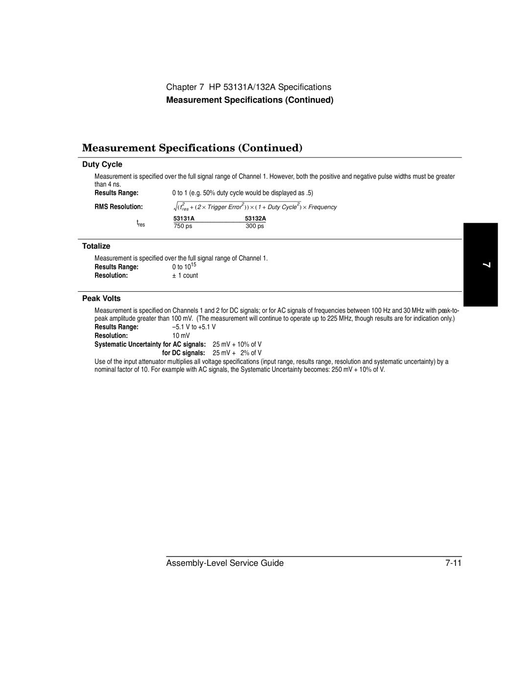 HP 181A manual Duty Cycle, Totalize, Peak Volts 