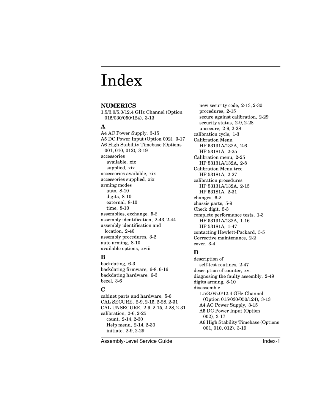 HP 181A manual Index 