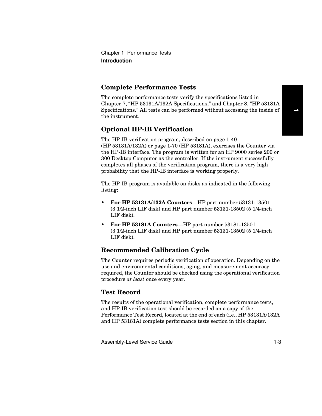 HP 181A manual Complete Performance Tests, Optional HP-IB Verification, Recommended Calibration Cycle, Test Record 