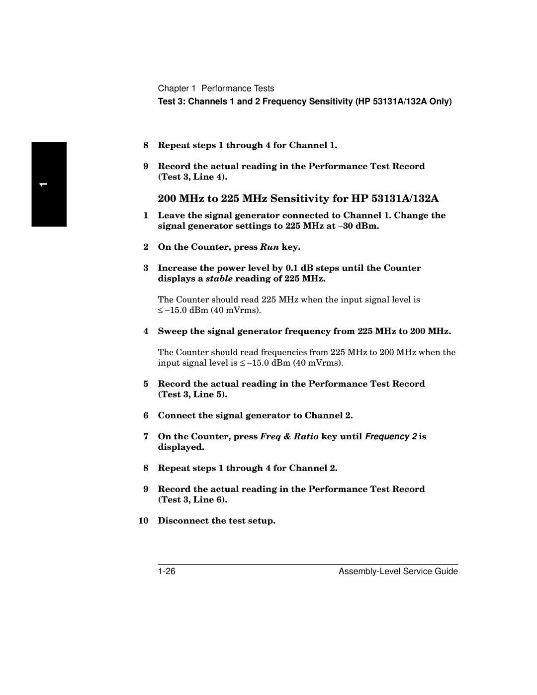 HP 181A manual MHz to 225 MHz Sensitivity for HP 53131A/132A 