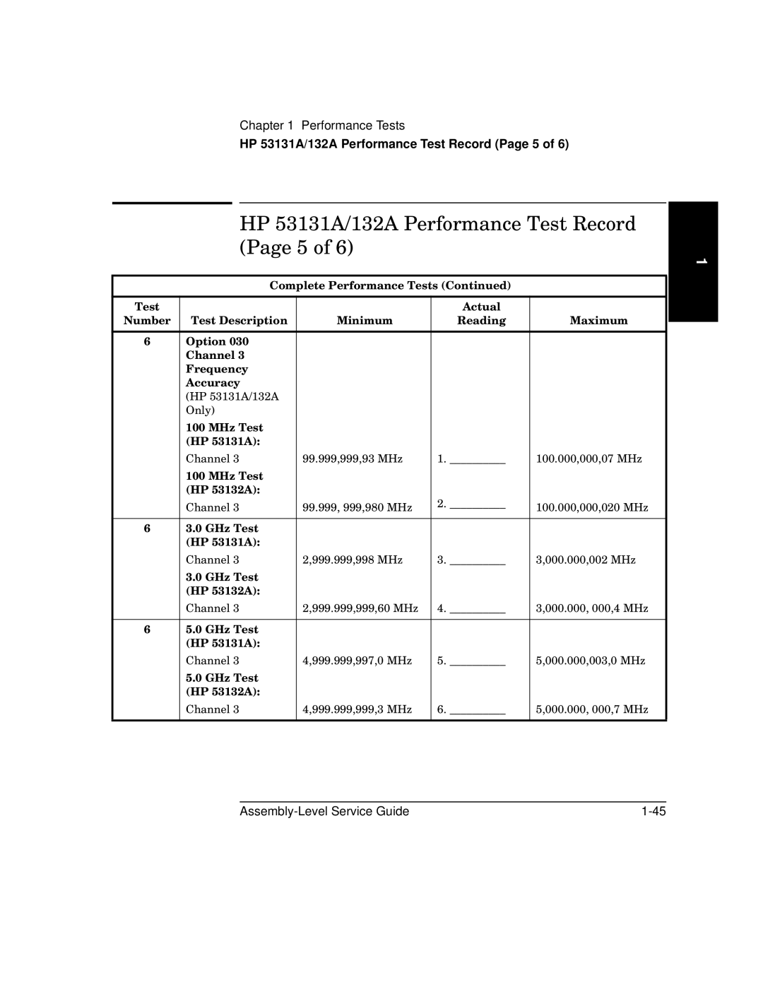 HP 181A manual HP 53131A/132A Performance Test Record Page 5 